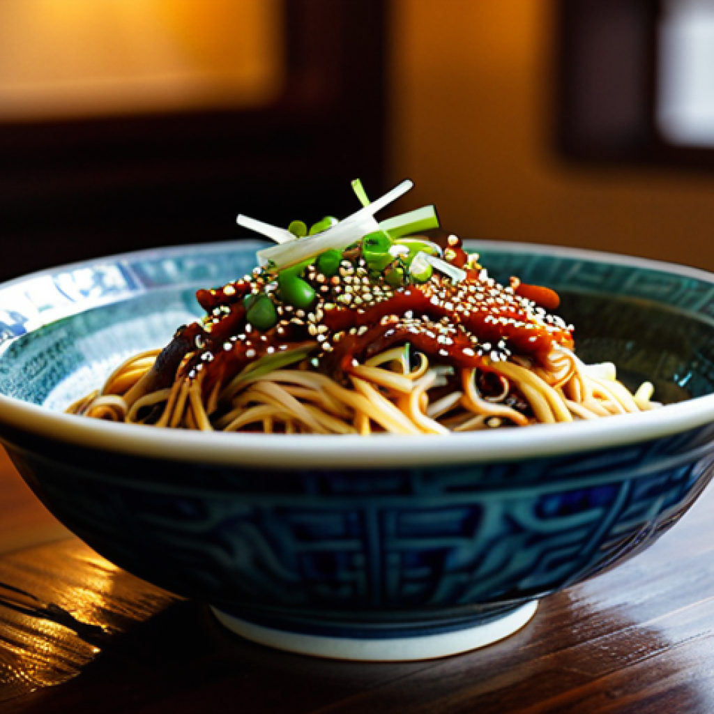 A meticulously prepared bowl of traditional Chinese noodles, topped with a rich, glossy, dark brown sauce, expertly mixed with finely ground ingredients. The dish emits a fragrant aroma, garnished with vibrant green scallions and a sprinkle of toasted sesame seeds, showcasing perfectly cooked noodles with a natural, appealing texture. Photographed on a dark, rustic wooden table in a softly lit, upscale Chinese restaurant, with blurred background elements suggesting a cozy, authentic atmosphere. Professional food photography, high resolution, sharp focus, inviting presentation, perfect anatomy, correct proportions, natural pose, well-formed hands, proper finger count, natural body proportions, safe for work, appropriate content, fully clothed, professional, modest, family-friendly.