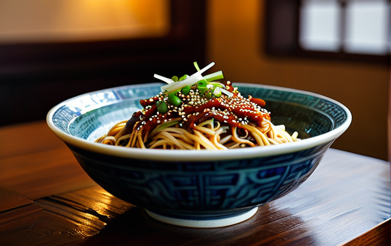A meticulously prepared bowl of traditional Chinese noodles, topped with a rich, glossy, dark brown sauce, expertly mixed with finely ground ingredients. The dish emits a fragrant aroma, garnished with vibrant green scallions and a sprinkle of toasted sesame seeds, showcasing perfectly cooked noodles with a natural, appealing texture. Photographed on a dark, rustic wooden table in a softly lit, upscale Chinese restaurant, with blurred background elements suggesting a cozy, authentic atmosphere. Professional food photography, high resolution, sharp focus, inviting presentation, perfect anatomy, correct proportions, natural pose, well-formed hands, proper finger count, natural body proportions, safe for work, appropriate content, fully clothed, professional, modest, family-friendly.