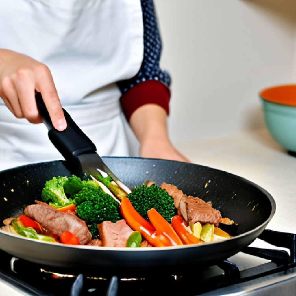 A Japanese home cook, fully clothed in a modest, casual apron over appropriate attire, confidently stir-frying Chinese cuisine in a modern, well-lit home kitchen. The cook, shown with perfect anatomy and natural proportions, expertly maneuvers a wok or large frying pan over a gas stove, with subtle steam rising from the delicious ingredients. Fresh, vibrant vegetables and prepped meat are visible on a clean countertop in the background, hinting at the coming meal. This professional photography captures a warm, inviting atmosphere, emphasizing the joy of home cooking. Well-formed hands, proper finger count, natural body proportions, high quality, safe for work, appropriate content, family-friendly.