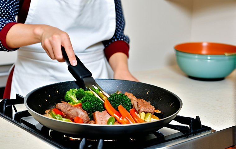 A Japanese home cook, fully clothed in a modest, casual apron over appropriate attire, confidently stir-frying Chinese cuisine in a modern, well-lit home kitchen. The cook, shown with perfect anatomy and natural proportions, expertly maneuvers a wok or large frying pan over a gas stove, with subtle steam rising from the delicious ingredients. Fresh, vibrant vegetables and prepped meat are visible on a clean countertop in the background, hinting at the coming meal. This professional photography captures a warm, inviting atmosphere, emphasizing the joy of home cooking. Well-formed hands, proper finger count, natural body proportions, high quality, safe for work, appropriate content, family-friendly.