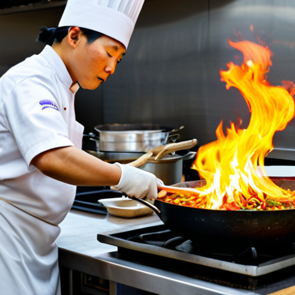 **Image Prompt:** A seasoned chef expertly stirs a vibrant stir-fry in a well-used iron wok, flames dancing beneath. The chef is wearing a clean, professional uniform, fully clothed and wearing a tall chef's hat. Ingredients are fresh and colorful. The kitchen background includes a stainless steel countertop and various Asian cooking utensils. safe for work, appropriate content, fully clothed, professional, perfect anatomy, natural proportions, high quality.
