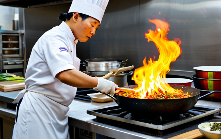 **Image Prompt:** A seasoned chef expertly stirs a vibrant stir-fry in a well-used iron wok, flames dancing beneath. The chef is wearing a clean, professional uniform, fully clothed and wearing a tall chef's hat. Ingredients are fresh and colorful. The kitchen background includes a stainless steel countertop and various Asian cooking utensils. safe for work, appropriate content, fully clothed, professional, perfect anatomy, natural proportions, high quality.