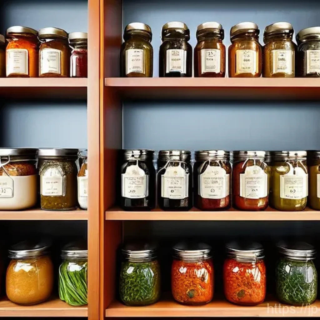중식 장류 종류 - **Prompt:** A beautifully organized, warm, and inviting kitchen pantry. Shelves are neatly arranged ...