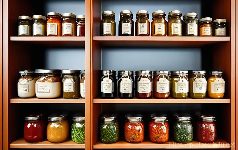 중식 장류 종류 - **Prompt:** A beautifully organized, warm, and inviting kitchen pantry. Shelves are neatly arranged ...