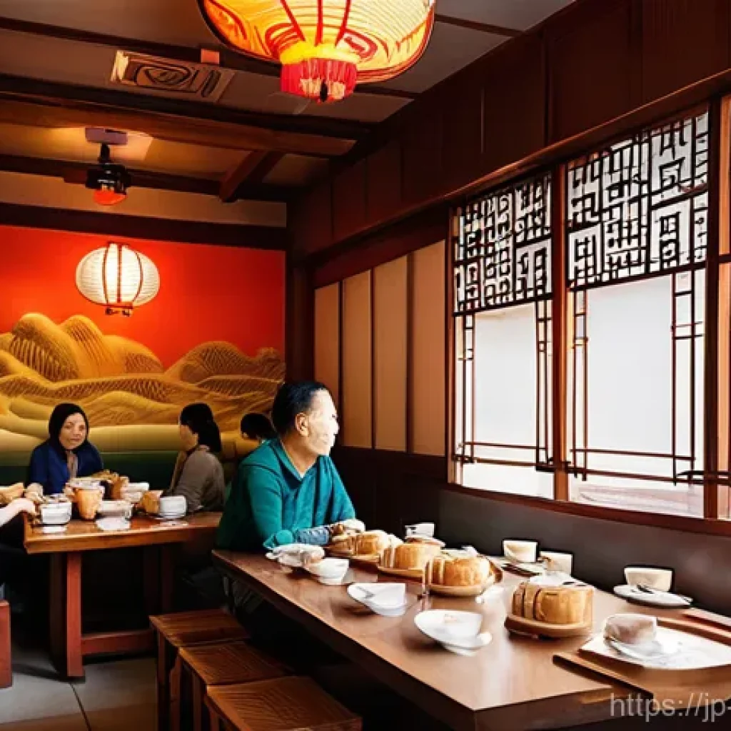 중국 전통음식 - **Prompt:** A vibrant and cozy scene inside a traditional Cantonese dim sum restaurant during a bust...