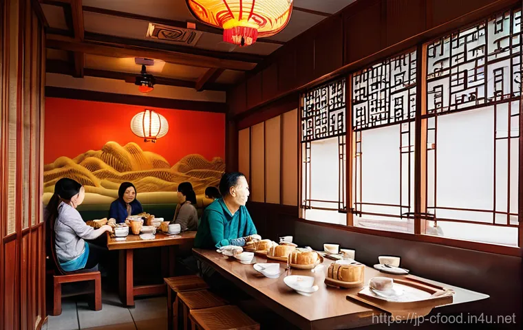 중국 전통음식 - **Prompt:** A vibrant and cozy scene inside a traditional Cantonese dim sum restaurant during a bust...