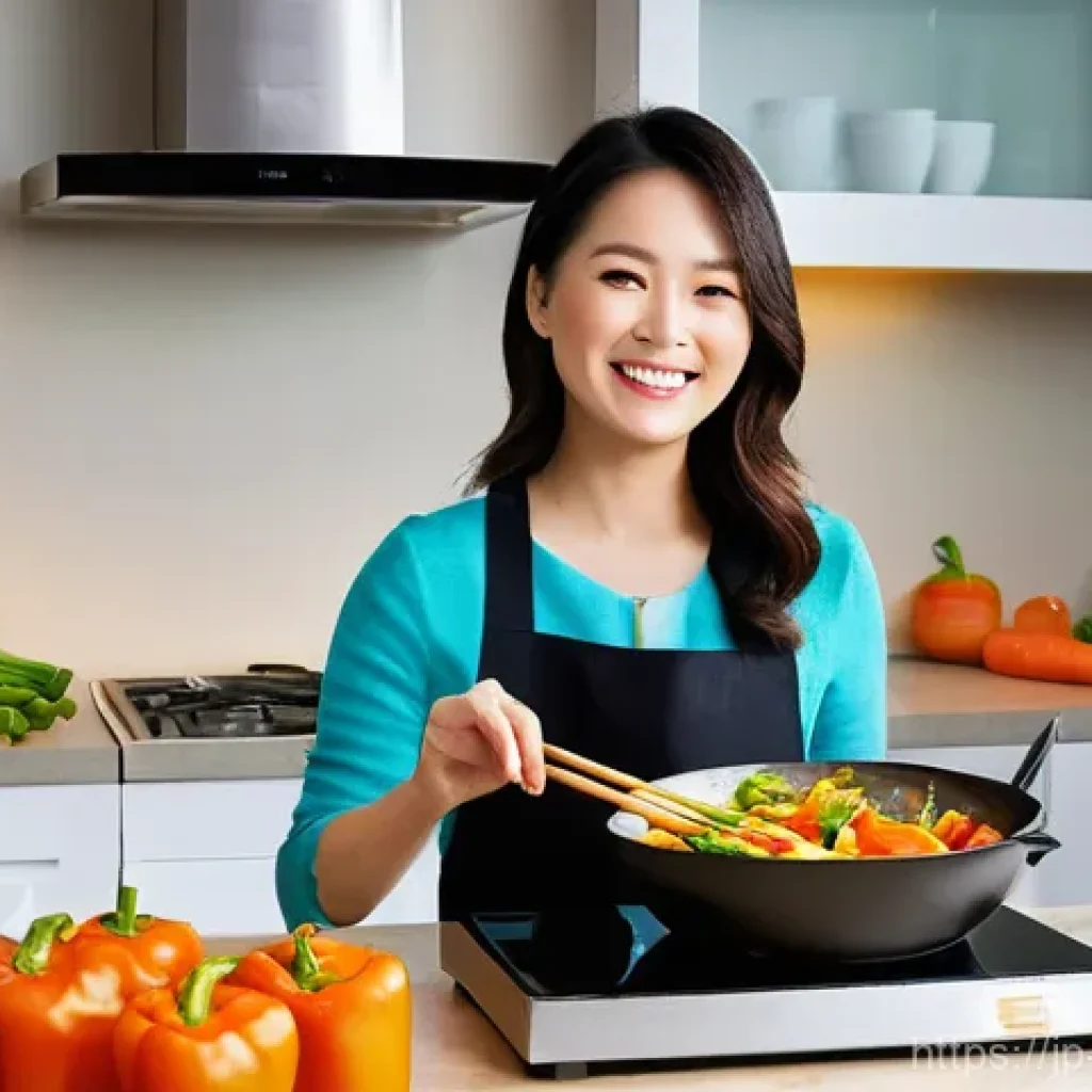 중식 요리 키트 구매 가이드 - **Prompt:** A dynamic, brightly lit scene in a contemporary kitchen. A smiling woman in her early 30...
