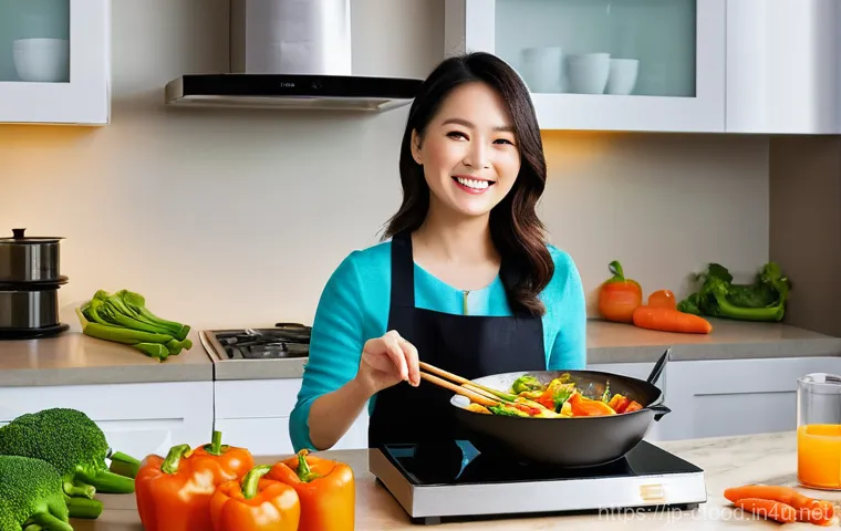 중식 요리 키트 구매 가이드 - **Prompt:** A dynamic, brightly lit scene in a contemporary kitchen. A smiling woman in her early 30...