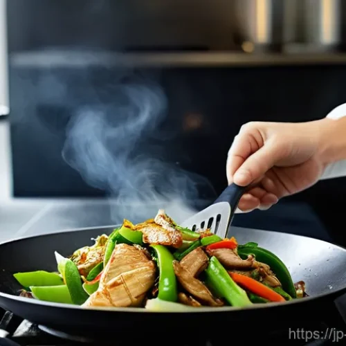 중식 요리 비법 - **"Mastering Wok Hei at Home"**
    A focused shot of an adult home cook, wearing a clean, simple ap...