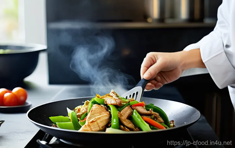 중식 요리 비법 - **"Mastering Wok Hei at Home"**
    A focused shot of an adult home cook, wearing a clean, simple ap...