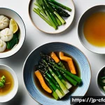 중식 요리 트렌드 분석 - A meticulously arranged, vibrant healthy Chinese meal, featuring an array of brightly colored, perfe...