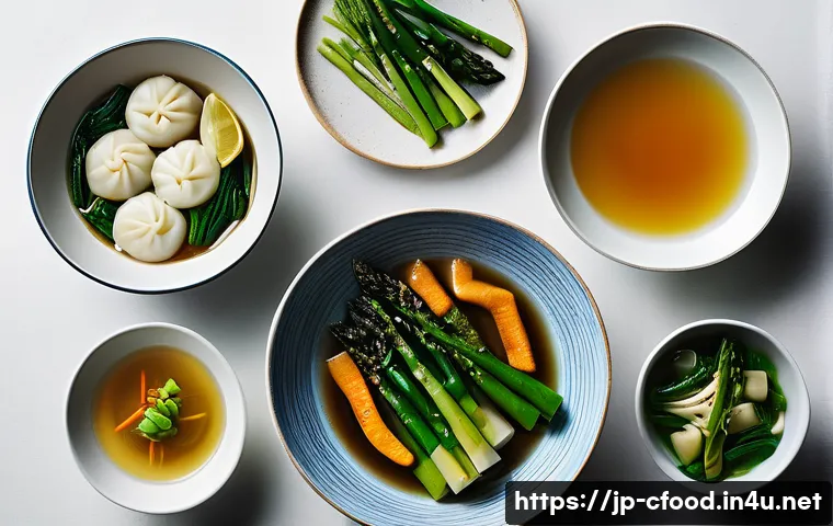 중식 요리 트렌드 분석 - A meticulously arranged, vibrant healthy Chinese meal, featuring an array of brightly colored, perfe...