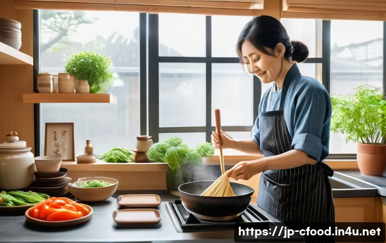 중식 전문 밀키트 회사 - A vibrant and cozy Japanese home kitchen scene showcasing a middle-aged Japanese woman happily cooki...