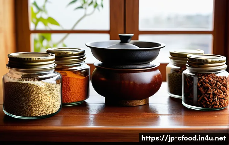 중국 향신료 종류 - A vibrant, detailed kitchen scene showcasing an assortment of Chinese spices prominently displayed i...