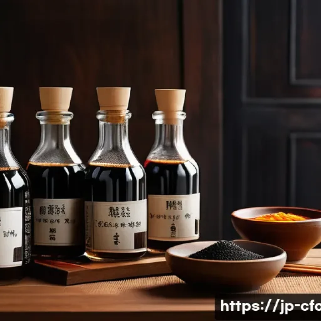 중식 소스 원료 정보 - A vibrant, detailed close-up of a traditional Chinese sauce preparation scene featuring various soy ...