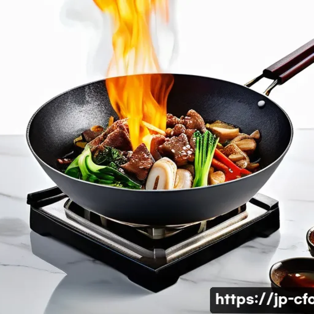 중국 요리 DIY - A vibrant, modern Japanese kitchen scene showing a chef preparing authentic Chinese stir-fry using a...