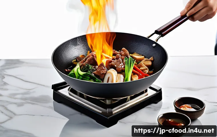 중국 요리 DIY - A vibrant, modern Japanese kitchen scene showing a chef preparing authentic Chinese stir-fry using a...