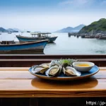 중국 지역별 요리 특징 - A cozy seaside Japanese eatery at dawn, featuring a rustic wooden table with a steaming plate of fre...