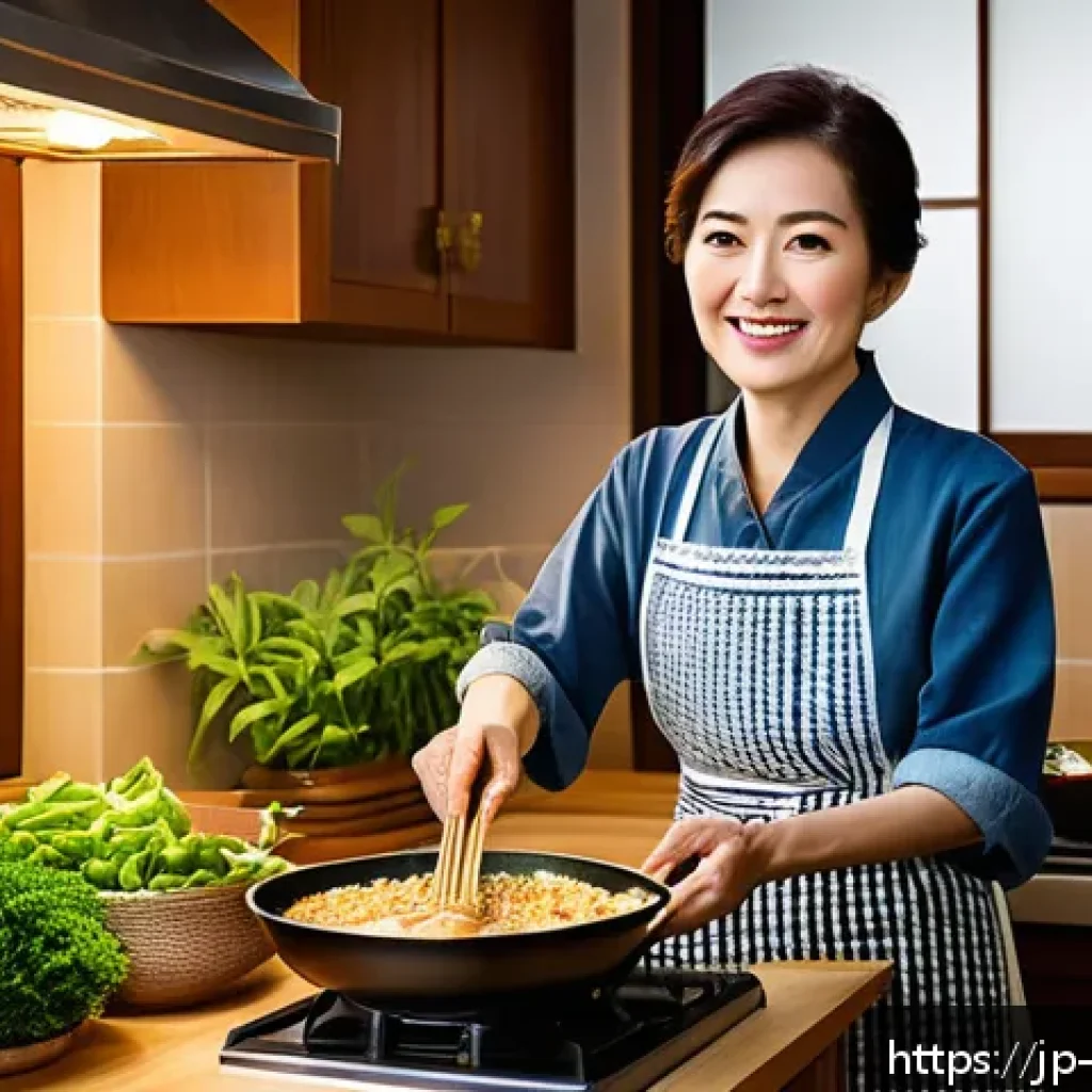 중국 요리의 영향 - A cozy Japanese home kitchen scene featuring a middle-aged Japanese woman cooking authentic Chinese-...