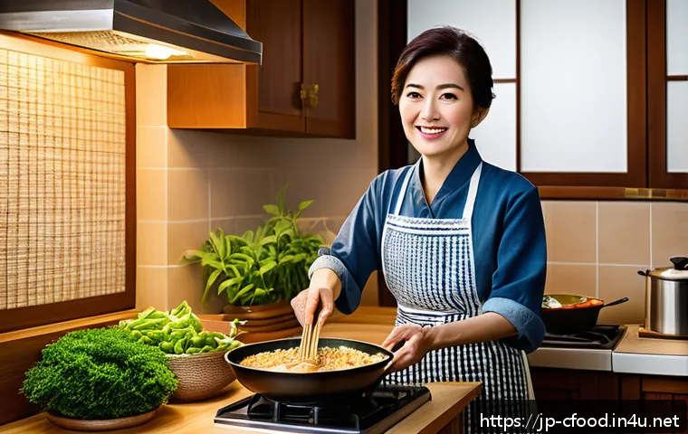 중국 요리의 영향 - A cozy Japanese home kitchen scene featuring a middle-aged Japanese woman cooking authentic Chinese-...