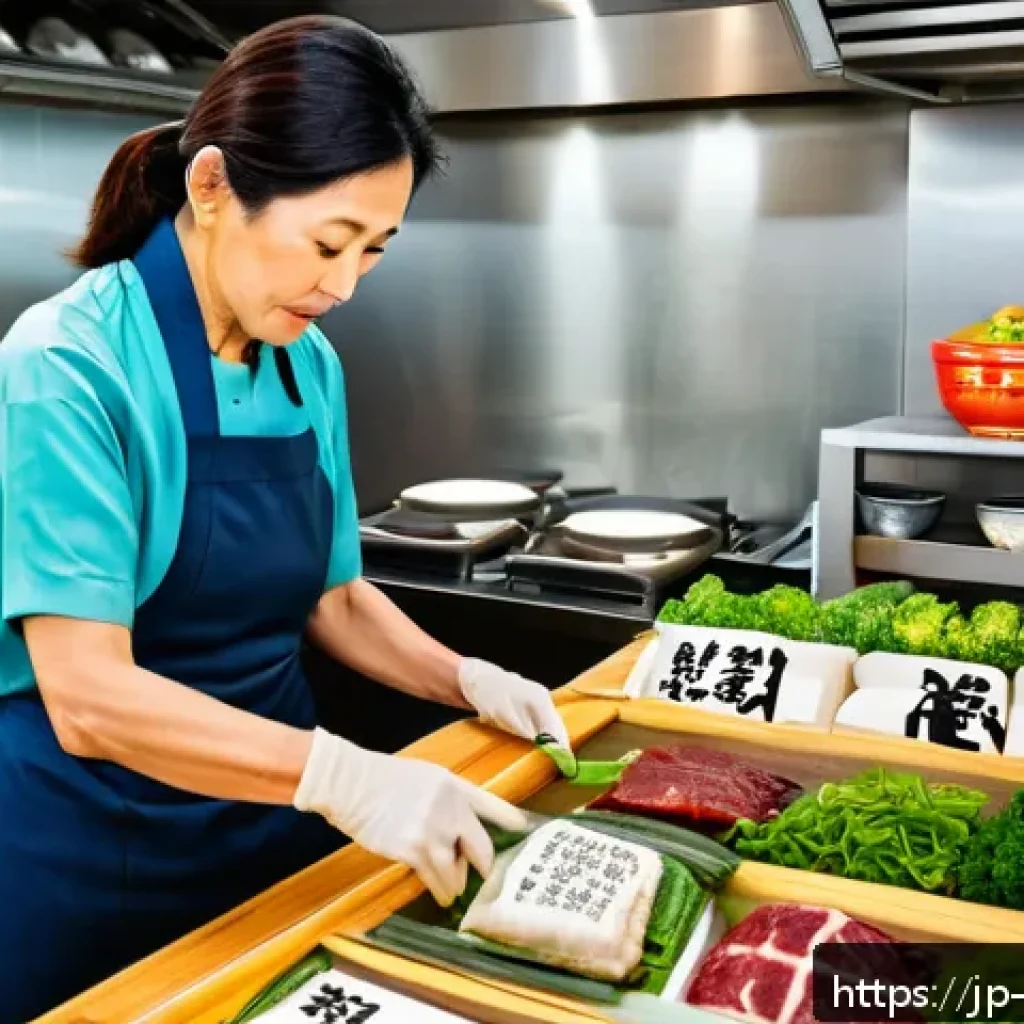 중식 식재료 쇼핑몰 - A vibrant, modern Japanese kitchen scene featuring a middle-aged Japanese woman carefully selecting ...
