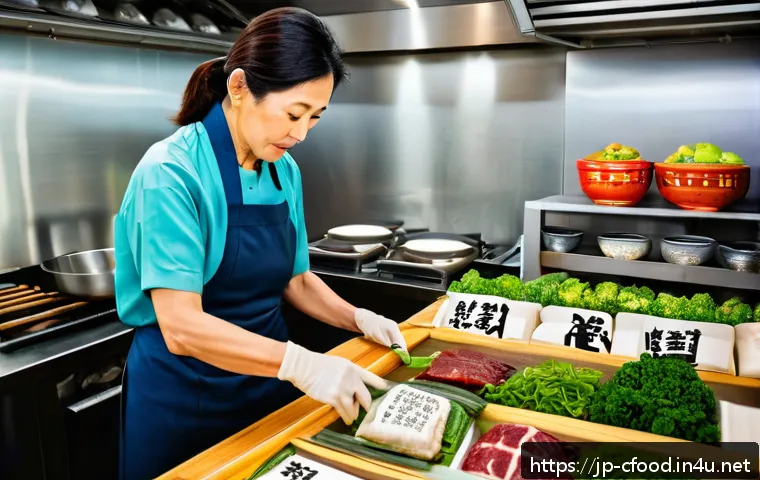 중식 식재료 쇼핑몰 - A vibrant, modern Japanese kitchen scene featuring a middle-aged Japanese woman carefully selecting ...