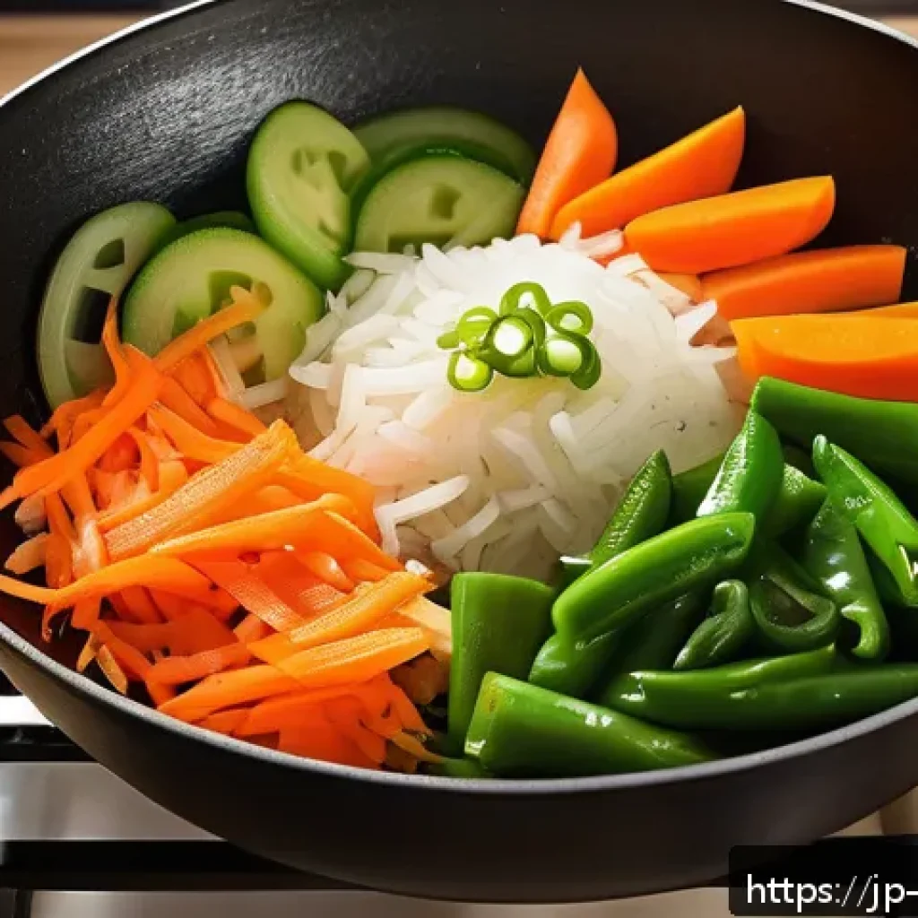 탕수육 소스 비법 - A vibrant close-up of fresh vegetables including finely chopped onions, julienned carrots, and green...
