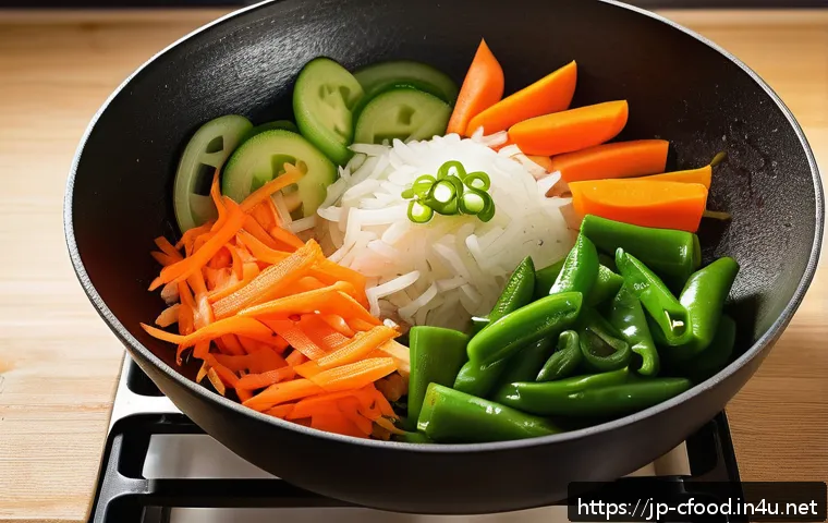 탕수육 소스 비법 - A vibrant close-up of fresh vegetables including finely chopped onions, julienned carrots, and green...