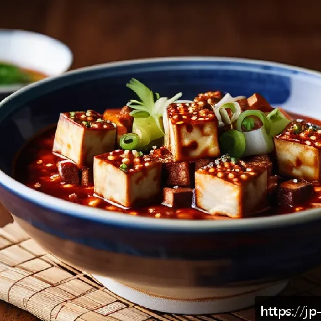 중국 음식 문화 연구 - A vibrant, detailed close-up of authentic Mapo Tofu served in a traditional Sichuan-style ceramic bo...