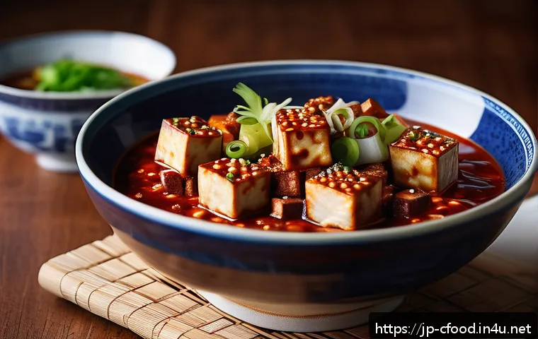 중국 음식 문화 연구 - A vibrant, detailed close-up of authentic Mapo Tofu served in a traditional Sichuan-style ceramic bo...