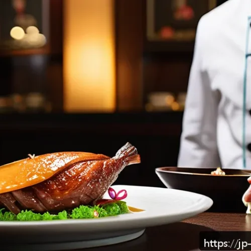 중국집 요리사 추천 - A high-end Chinese restaurant dining scene showcasing a beautifully plated Peking Duck with crispy g...