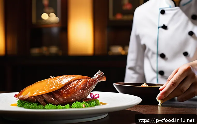 중국집 요리사 추천 - A high-end Chinese restaurant dining scene showcasing a beautifully plated Peking Duck with crispy g...