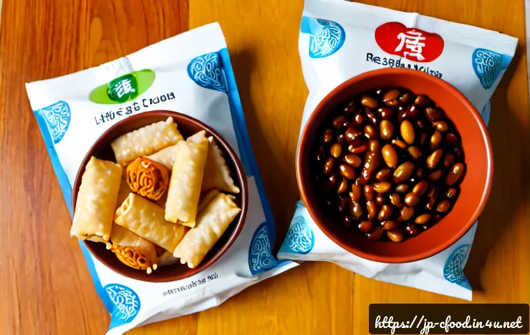중국 스낵 제품 비교 - Photorealistic overhead comparison scene of two assortments of popular Chinese-style snacks on a cle...