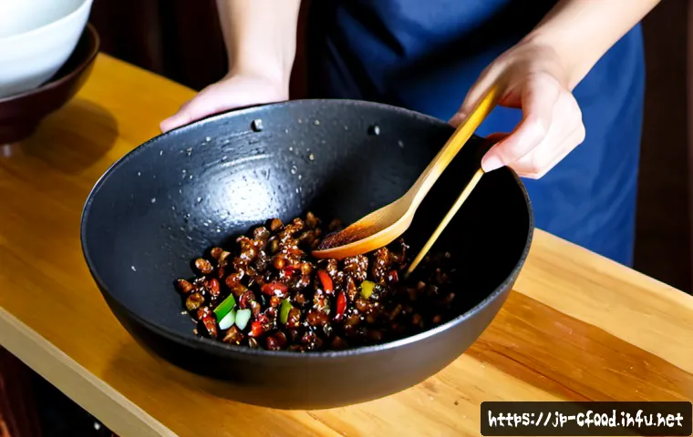 사천요리 매운맛 조절법 - Photorealistic Japanese home kitchen scene, a middle-aged Japanese cook gently adjusting the spicine...