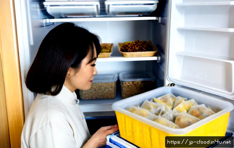 중식 냉동제품 유통기한 - Photorealistic Japanese home kitchen scene, a middle-aged woman examining sealed frozen Chinese dump...